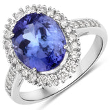 4.33 Carat Genuine Tanzanite and White Diamond 14K White Gold Ring