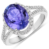 4.58 Carat Genuine Tanzanite and White Diamond 14K White Gold Ring