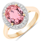 3.21 Carat Genuine Pink Tourmaline and White Diamond 14K Yellow Gold Ring