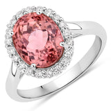 4.08 Carat Genuine Pink Tourmaline and White Diamond 14K White Gold Ring