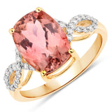 3.64 Carat Genuine Pink Tourmaline and White Diamond 14K Yellow Gold Ring