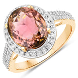 4.20 Carat Genuine Pink Tourmaline and White Diamond 14K Yellow Gold Ring