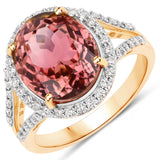 6.51 Carat Genuine Pink Tourmaline and White Diamond 14K Yellow Gold Ring
