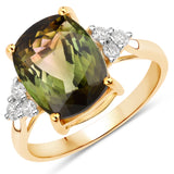 5.38 Carat Genuine Mid Night Green Bio Tourmaline and White Diamond 14K Yellow Gold Ring