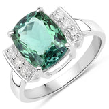 3.68 Carat Genuine Rarest Bottle Green Tourmaline and White Diamond 14K White Gold Ring