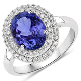 3.67 Carat Genuine Tanzanite and White Diamond 14K White Gold Ring