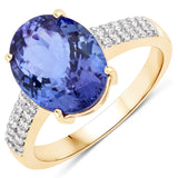 4.21 Carat Genuine Tanzanite and White Diamond 14K Yellow Gold Ring