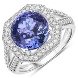 5.34 Carat Genuine Tanzanite and White Diamond 14K White Gold Ring