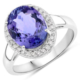 4.41 Carat Genuine Tanzanite and White Diamond 14K White Gold Ring