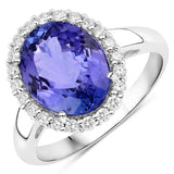 4.00 Carat Genuine Tanzanite and White Diamond 14K White Gold Ring