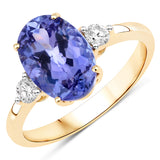 3.30 Carat Genuine Tanzanite and White Diamond 14K Yellow Gold Ring