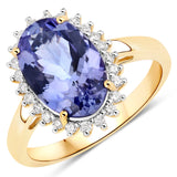 3.58 Carat Genuine Tanzanite and White Diamond 14K Yellow Gold Ring
