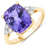 4.70 Carat Genuine Tanzanite and White Diamond 14K Yellow Gold Ring