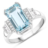 3.53 Carat Genuine Aquamarine and White Diamond 14K White Gold Ring