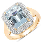 4.62 Carat Genuine Aquamarine and White Diamond 14K Yellow Gold Ring