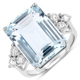 9.66 Carat Genuine Aquamarine and White Diamond 14K White Gold Ring