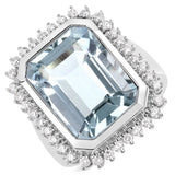 10.30 Carat Genuine Aquamarine and White Diamond 14K White Gold Ring