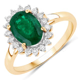 1.83 Carat Genuine Zambian Emerald and White Diamond 14K Yellow Gold Ring