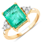 3.13 Carat Genuine Zambian Emerald and White Diamond 14K Yellow Gold Ring