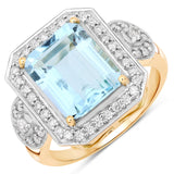 4.35 Carat Genuine Aquamarine and White Diamond 14K Yellow Gold Ring