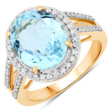 4.42 Carat Genuine Aquamarine and White Diamond 14K Yellow Gold Ring