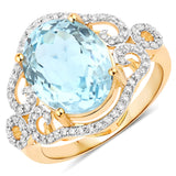 4.37 Carat Genuine Aquamarine and White Diamond 14K Yellow Gold Ring