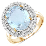 4.46 Carat Genuine Aquamarine and White Diamond 14K Yellow Gold Ring
