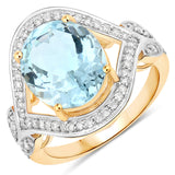 4.44 Carat Genuine Aquamarine and White Diamond 14K Yellow Gold Ring