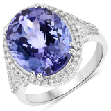 8.94 Carat Genuine Tanzanite and White Diamond 14K White Gold Ring