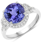 4.18 Carat Genuine Tanzanite and White Diamond 14K White Gold Ring