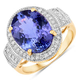 5.98 Carat Genuine Tanzanite and White Diamond 14K Yellow Gold Ring