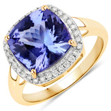 4.33 Carat Genuine Tanzanite and White Diamond 14K Yellow Gold Ring