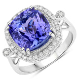 6.60 Carat Genuine Tanzanite and White Diamond 14K White Gold Ring