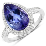 4.42 Carat Genuine Tanzanite and White Diamond 14K White Gold Ring