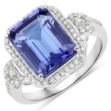 4.85 Carat Genuine Tanzanite and White Diamond 14K White Gold Ring