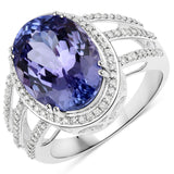 7.34 Carat Genuine Tanzanite and White Diamond 14K White Gold Ring