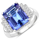 7.70 Carat Genuine Tanzanite and White Diamond 14K White Gold Ring