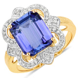 4.68 Carat Genuine Tanzanite and White Diamond 14K Yellow Gold Ring