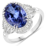 4.60 Carat Genuine Tanzanite and White Diamond 14K White Gold Ring
