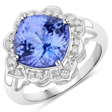 4.93 Carat Genuine Tanzanite and White Diamond 14K White Gold Ring