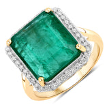 8.76 Carat Genuine Zambian Emerald and White Diamond 14K Yellow Gold Ring