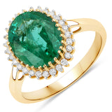 3.51 Carat Genuine Zambian Emerald and White Diamond 14K Yellow Gold Ring