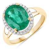 3.91 Carat Genuine Zambian Emerald and White Diamond 14K Yellow Gold Ring