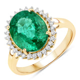 4.30 Carat Genuine Zambian Emerald and White Diamond 14K Yellow Gold Ring