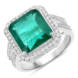 5.76 Carat Genuine Zambian Emerald and White Diamond 14K White Gold Ring
