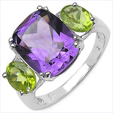 5.46 Carat Genuine Amethyst & Peridot .925 Sterling Silver Ring