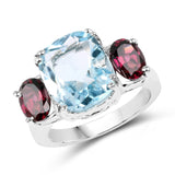 6.50 Carat Genuine Blue Topaz & Rhodolite .925 Sterling Silver Ring