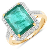 4.38 Carat Genuine Zambian Emerald and White Diamond 14K Yellow Gold Ring