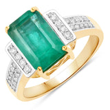3.45 Carat Genuine Zambian Emerald and White Diamond 14K Yellow Gold Ring