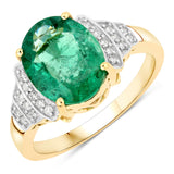 2.87 Carat Genuine Zambian Emerald and White Diamond 14K Yellow Gold Ring